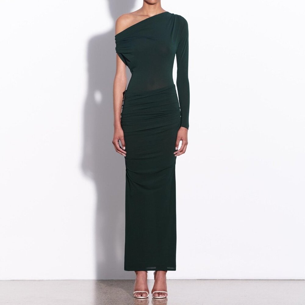 New Alex Perry Asymmetric Draped Jersey Maxi Dress in Forest Green off shoulder